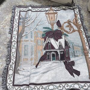 Vintage Christmas Cardinal Winter Village Scene Woven Tapestry Throw Blanket